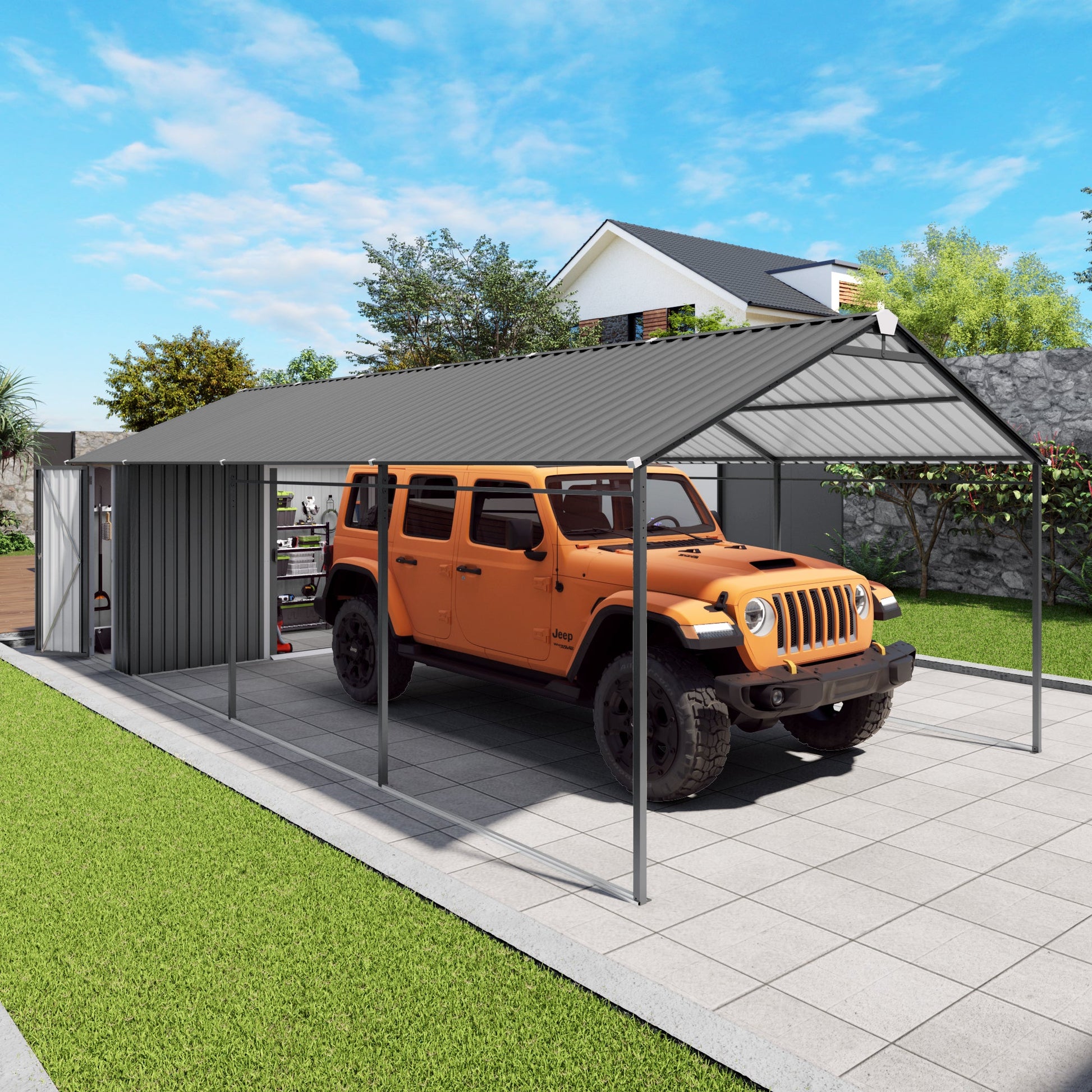 12x25 ft galvanized steel carport with shelter and shed, gray roof, HouseOfZazla on Tampa Home & Garden Store