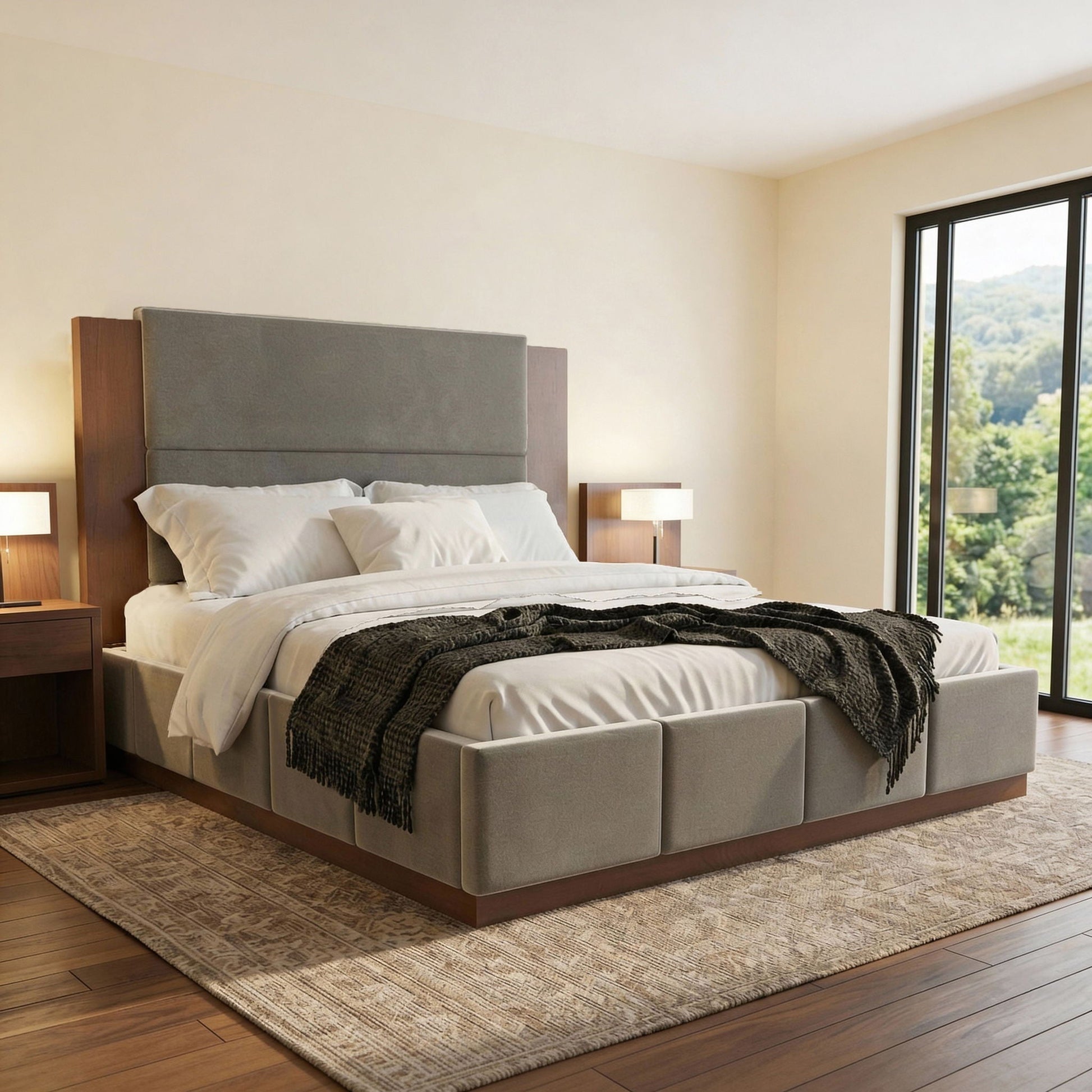 Modern upholstered platform bed with extended gray headboard and wood base by HouseOfZazla on Tampa Home & Garden Store