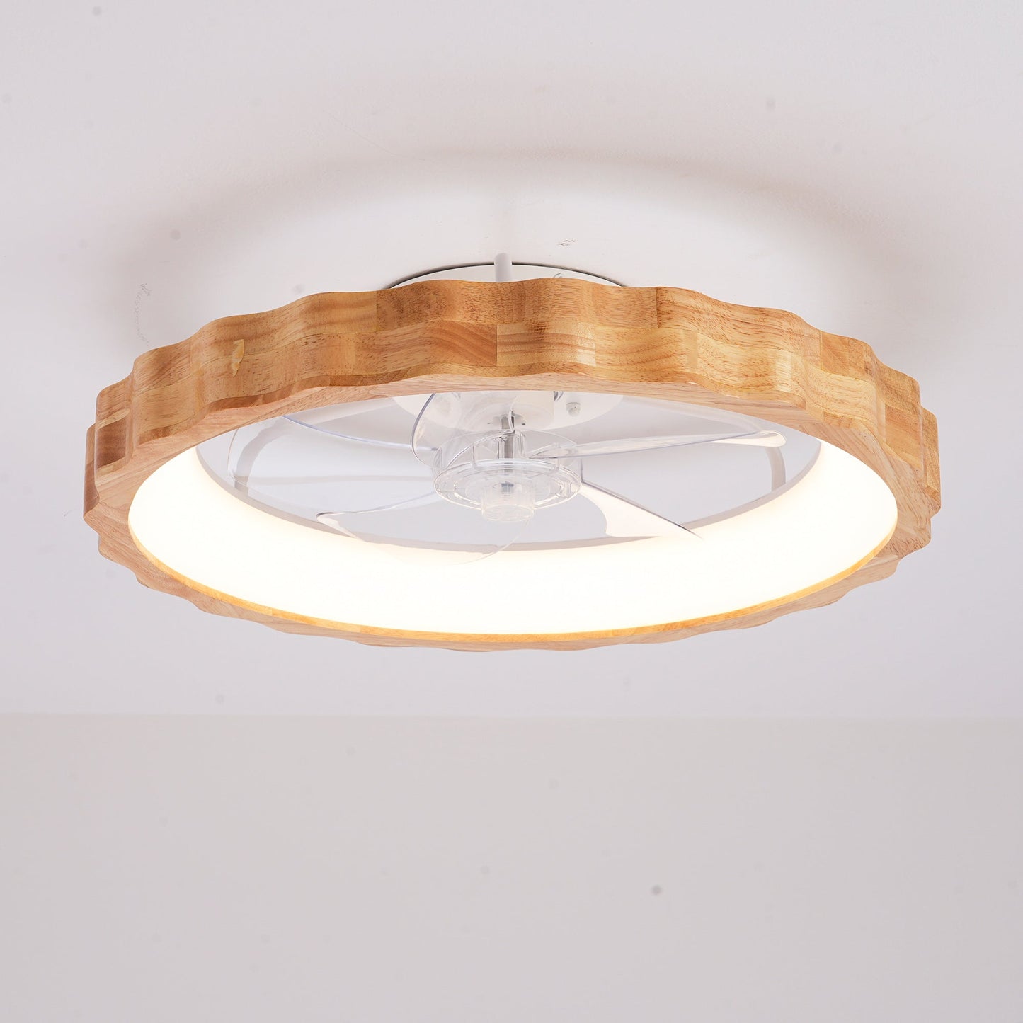 20-inch Plum Blossom flush mount fan with lights and wood ring around frosted glass shade on Tampa Home & Garden Store