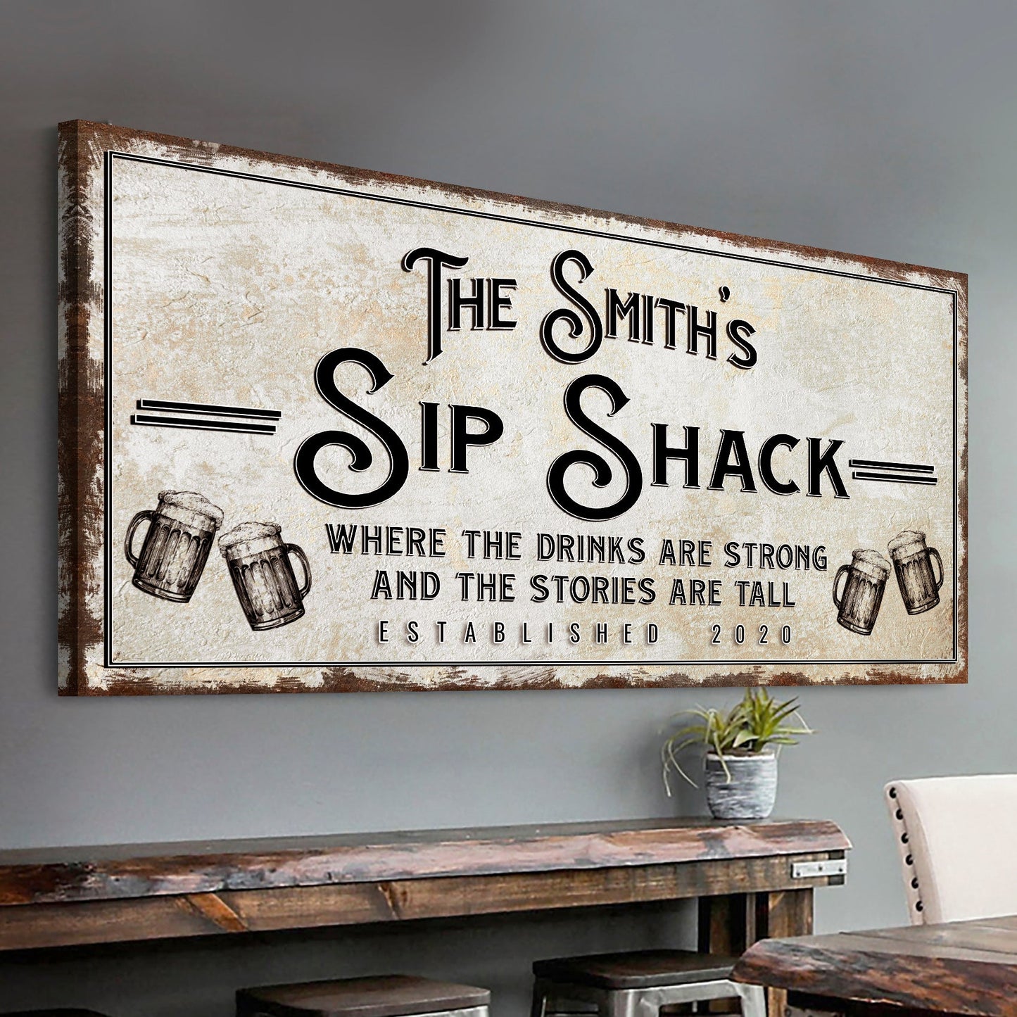 Canvas Family Sip Shack Bar Sign with distressed beige background and beer mug illustrations Tailored Canvases on Tampa Home & Garden Store