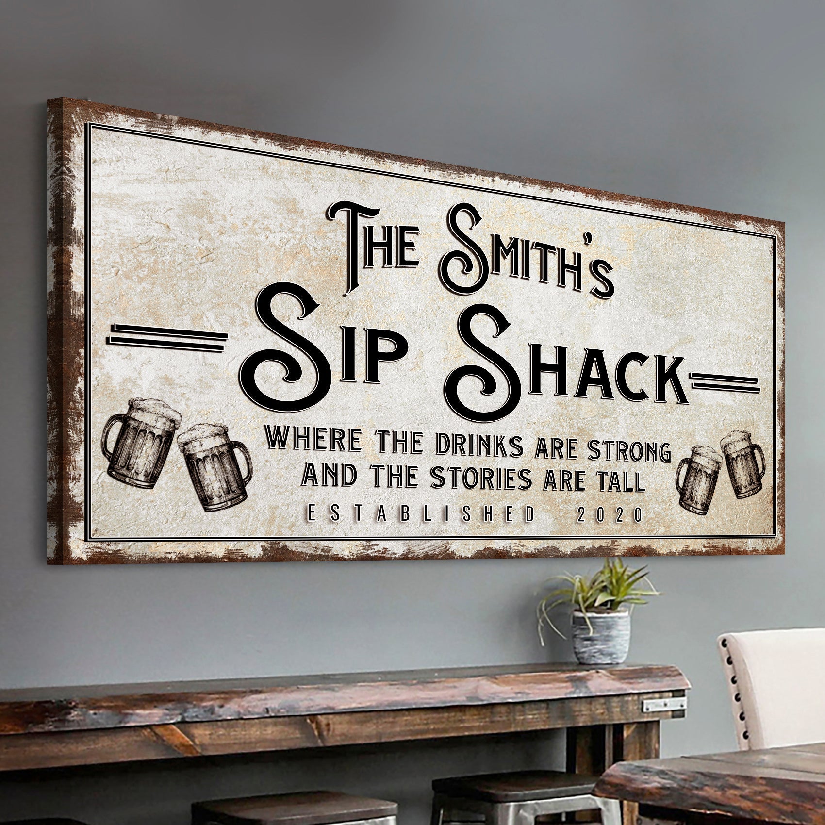 Canvas Family Sip Shack Bar Sign with distressed beige background and beer mug illustrations Tailored Canvases on Tampa Home & Garden Store