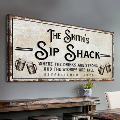 Canvas Family Sip Shack Bar Sign with distressed beige background and beer mug illustrations Tailored Canvases on Tampa Home & Garden Store