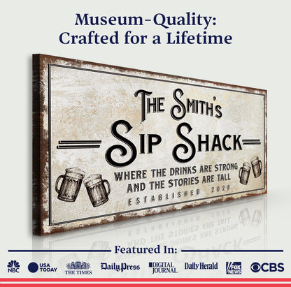 Family Sip Shack Bar Sign canvas, rustic beige with beer mug art Tailored Canvases on Tampa Home & Garden Store