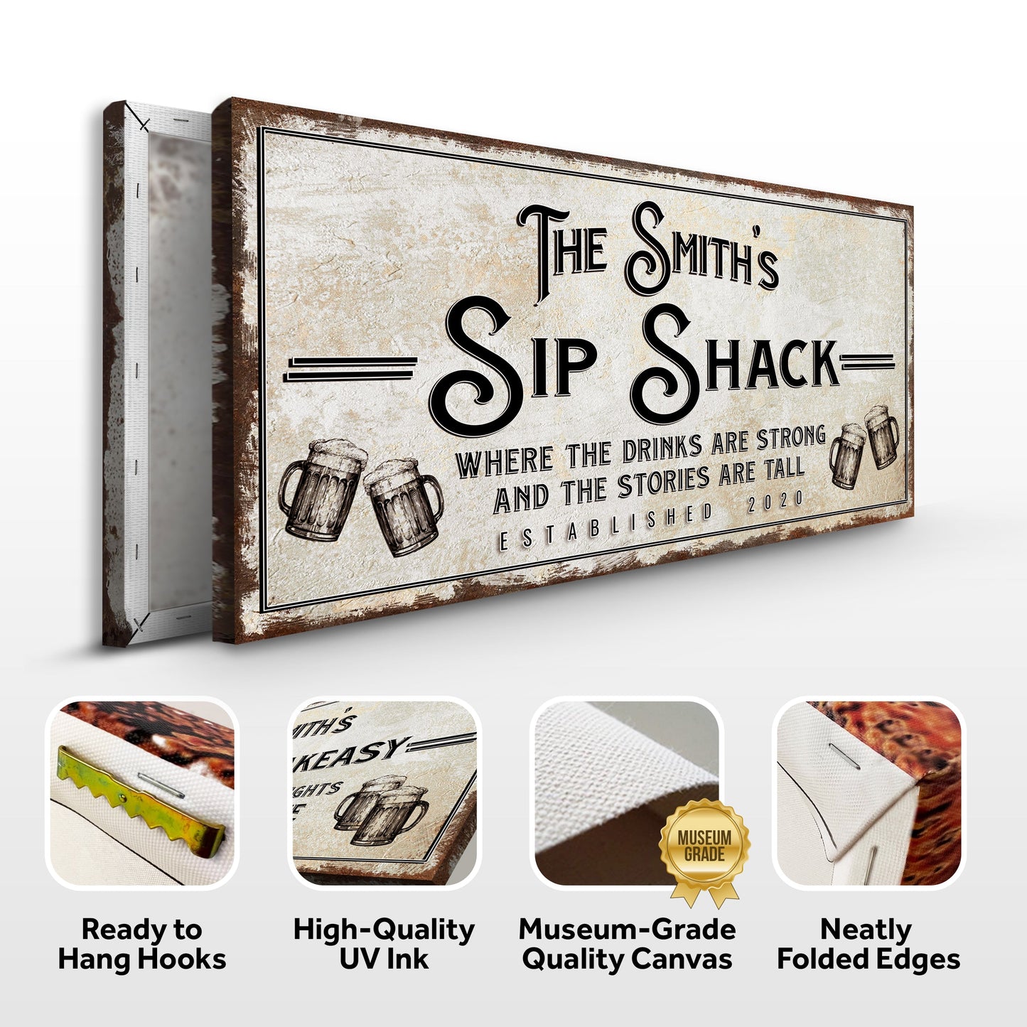 Family Sip Shack Bar Sign canvas distressed beige parchment with rustic brown frame on Tampa Home & Garden Store
