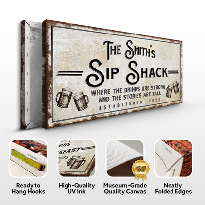 Family Sip Shack Bar Sign canvas distressed beige parchment with rustic brown frame on Tampa Home & Garden Store