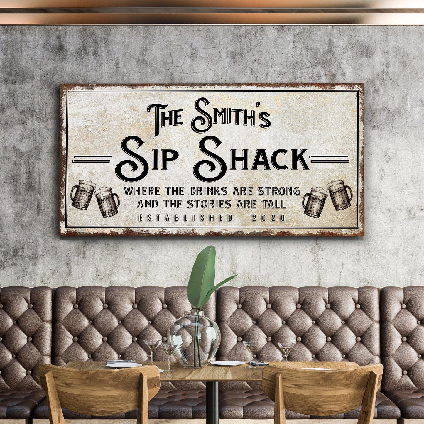 Family Sip Shack Bar Sign canvas by Tailored Canvases with rustic frame and beer mugs on Tampa Home & Garden Store