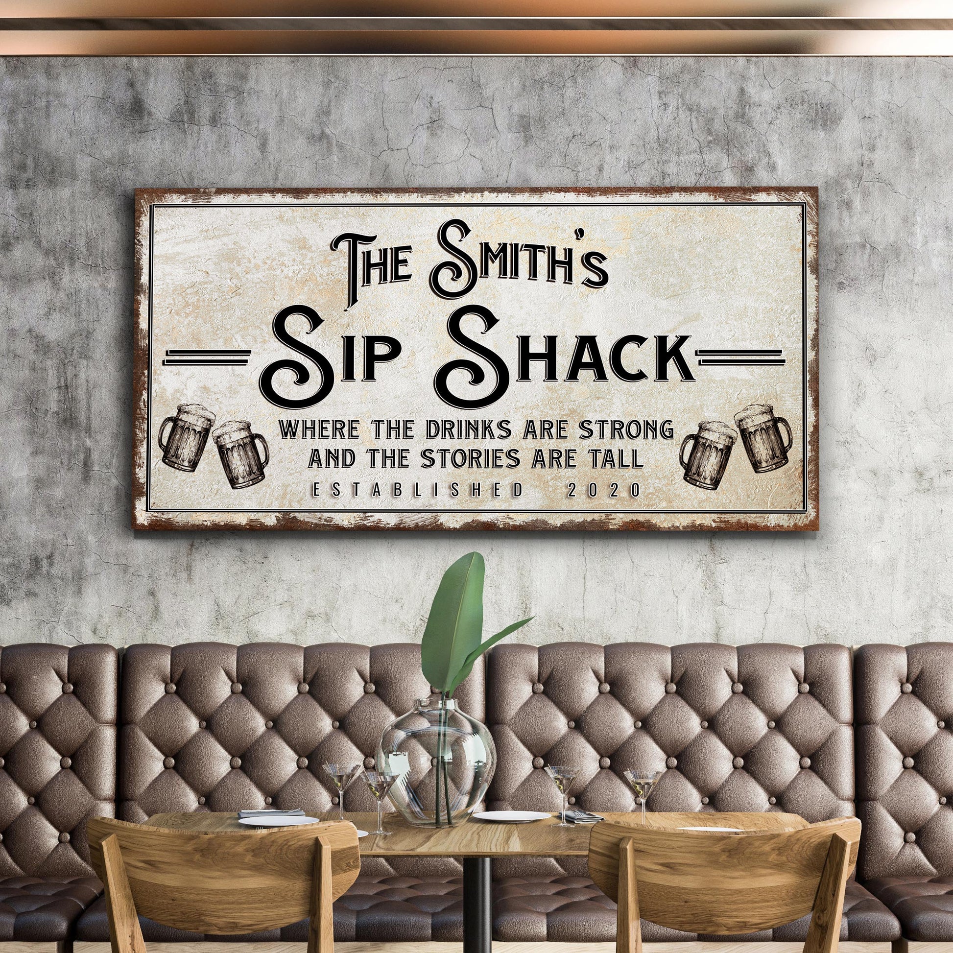 Family Sip Shack Bar Sign canvas by Tailored Canvases with rustic frame and beer mugs on Tampa Home & Garden Store