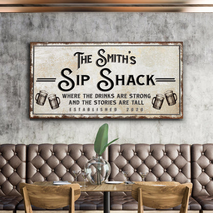 Family Sip Shack Bar Sign canvas by Tailored Canvases with rustic frame and beer mugs on Tampa Home & Garden Store