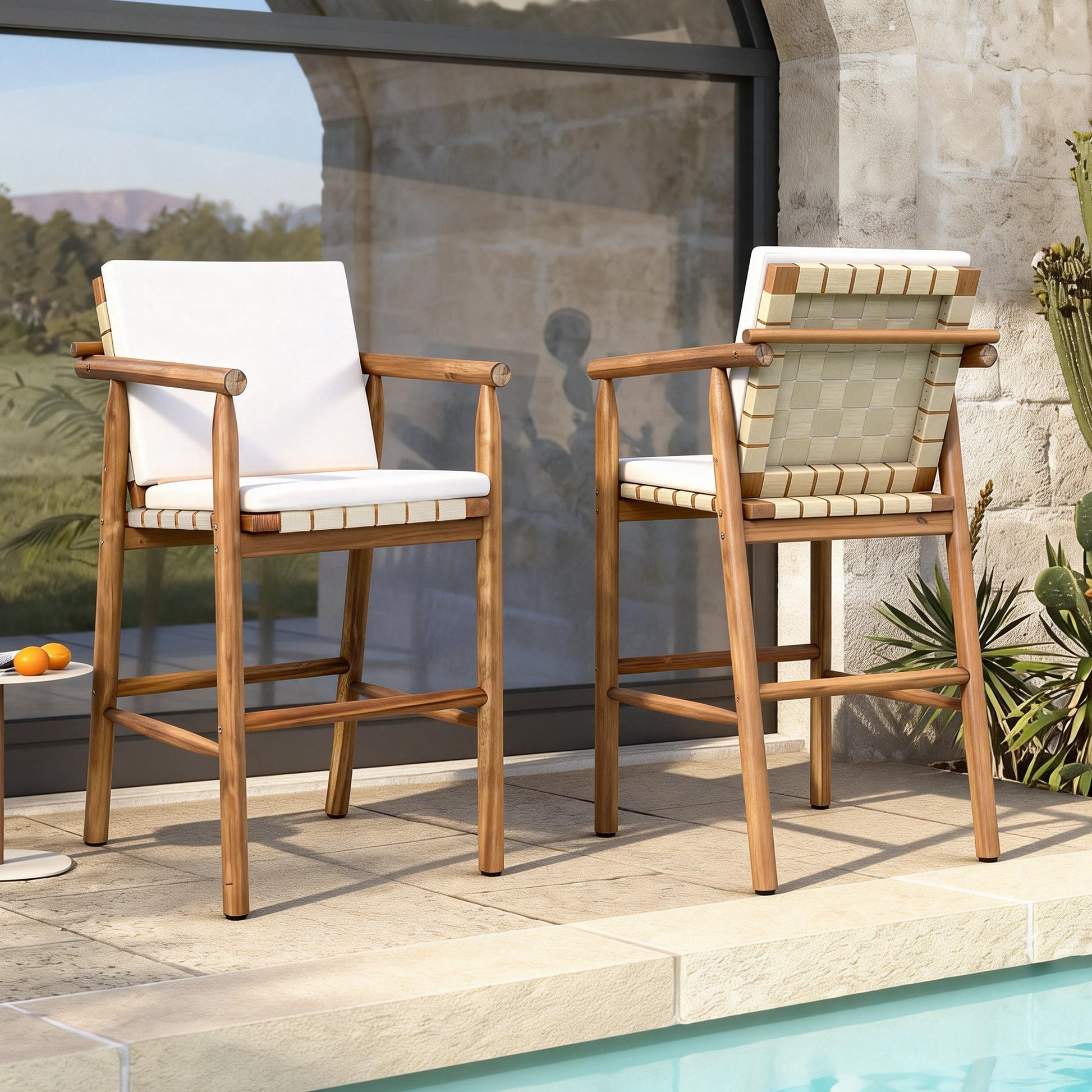 Outdoor Counter Height Bar Stools Set of 2 with natural wood frames and white cushions HouseOfZazla on Tampa Home & Garden Store