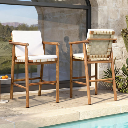 Outdoor Counter Height Bar Stools Set of 2 with natural wood frames and white cushions HouseOfZazla on Tampa Home & Garden Store