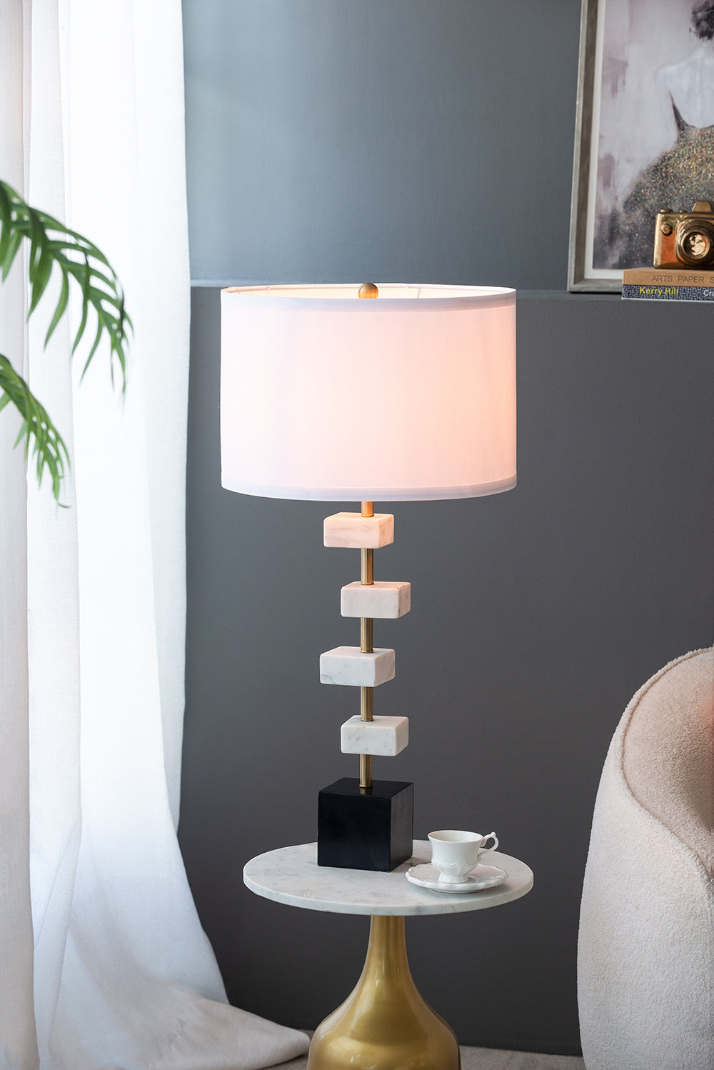 D15x30' Table Lamp with White Marble and Brass Frame; white shade, marble blocks on brass stem on Tampa Home & Garden Store
