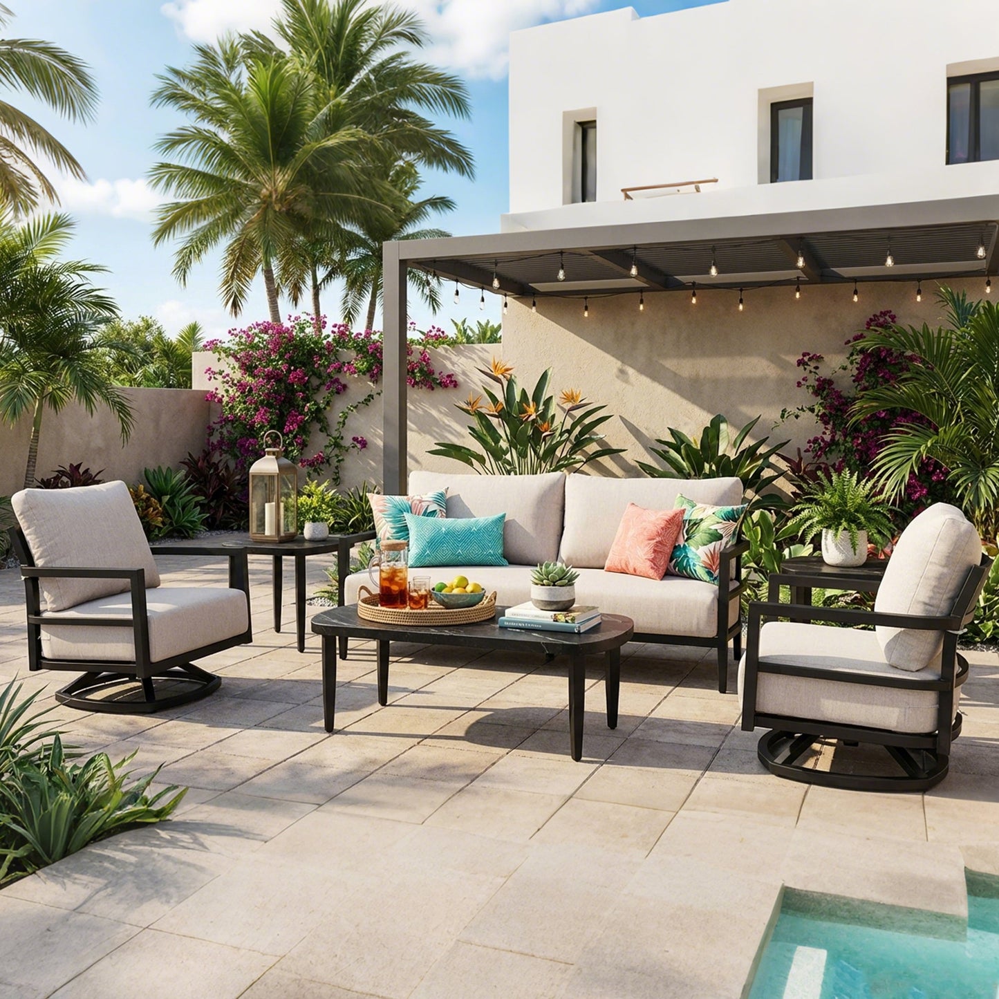 6PC Outdoor Conversation Set with Swivel Club Chairs beige cushions HouseOfZazla on Tampa Home & Garden Store