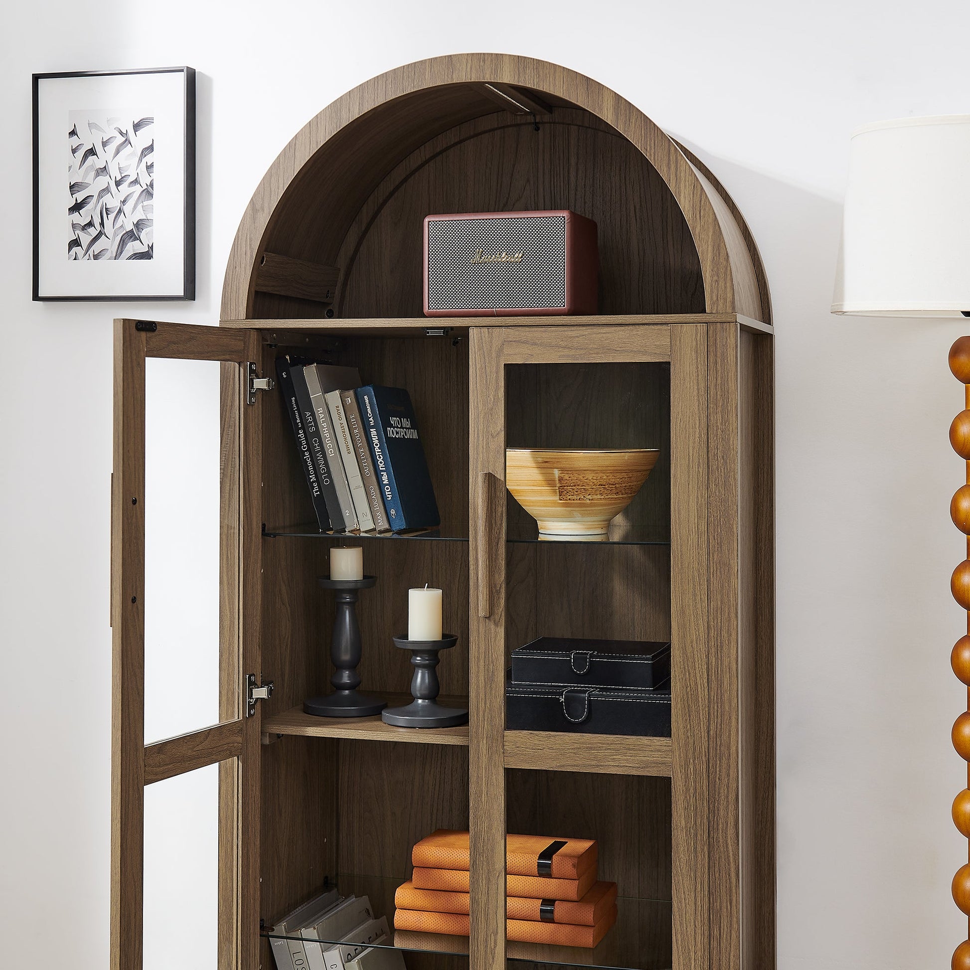 High Arched Storage Cabinet with Lamp, walnut wood finish with Marshall speaker on shelf on Tampa Home & Garden Store