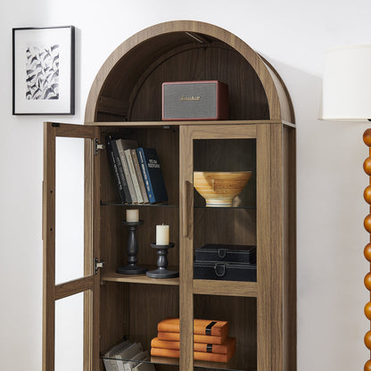 High Arched Storage Cabinet with Lamp, walnut wood finish with Marshall speaker on shelf on Tampa Home & Garden Store