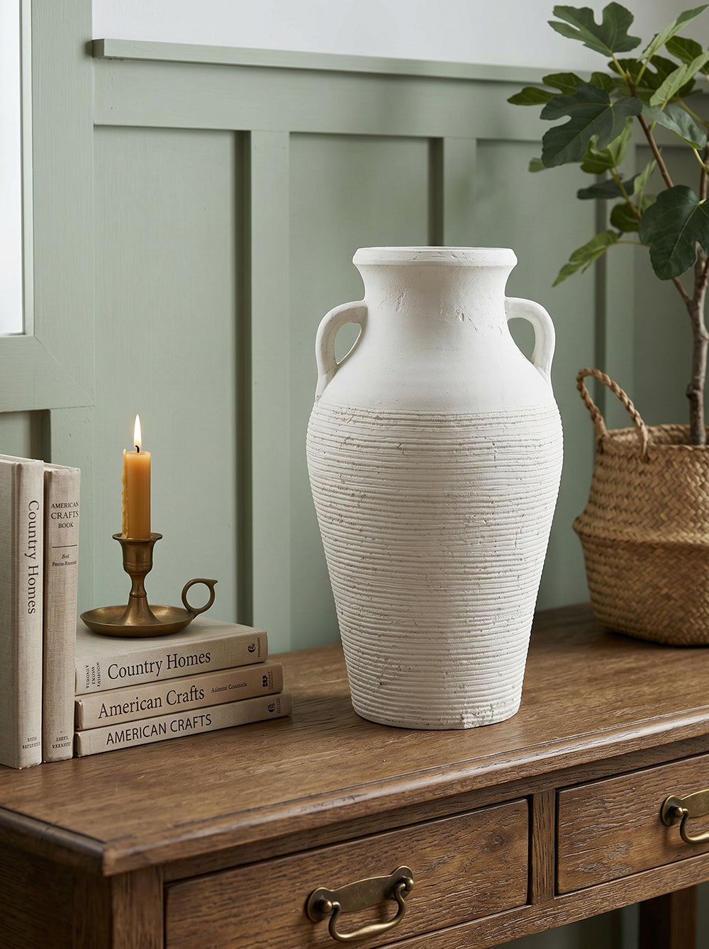 Rustic White Terracotta Tall Vase with Ribbed Texture and dual handles on a wooden console on Tampa Home & Garden Store