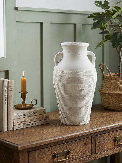 Rustic White Terracotta Tall Vase with Ribbed Texture and dual handles on a wooden console on Tampa Home & Garden Store