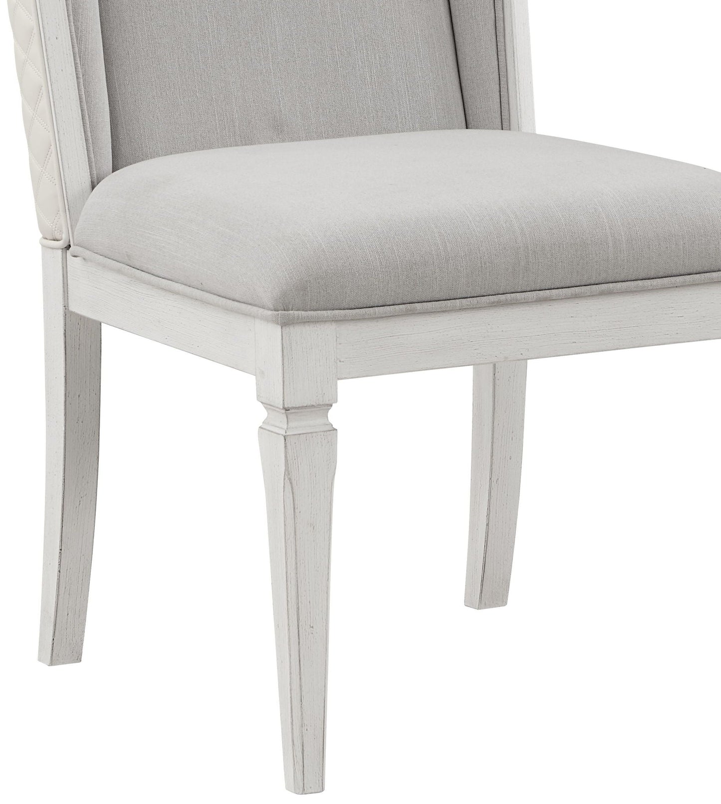 Katia side chair set of 2 in gray fabric with whitewashed wood frame and quilted white accents on Tampa Home & Garden Store