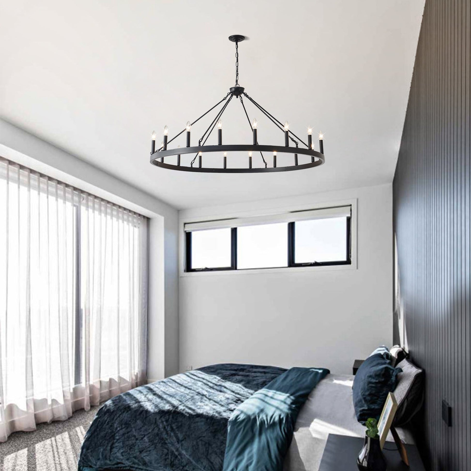 53.15 Inch Matte Black Wagon Wheel Chandelier with 18 Lights, circular iron frame on Tampa Home & Garden Store
