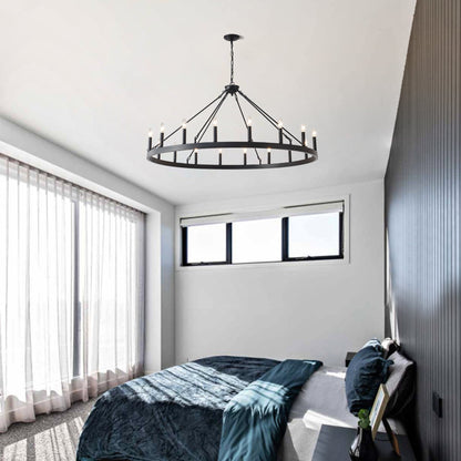 53.15 Inch Matte Black Wagon Wheel Chandelier with 18 Lights, circular iron frame on Tampa Home & Garden Store