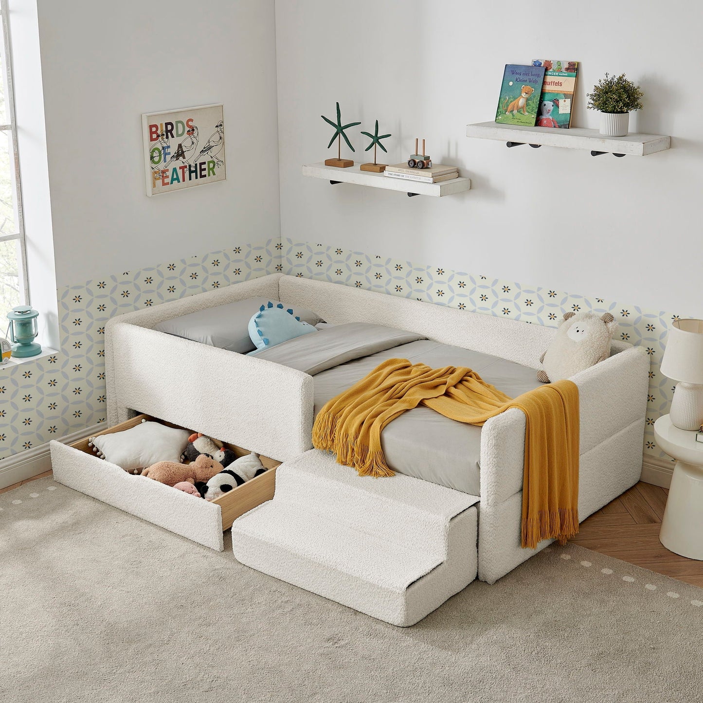 Sturdy Wood Kids Bed with Guardrails and Storage