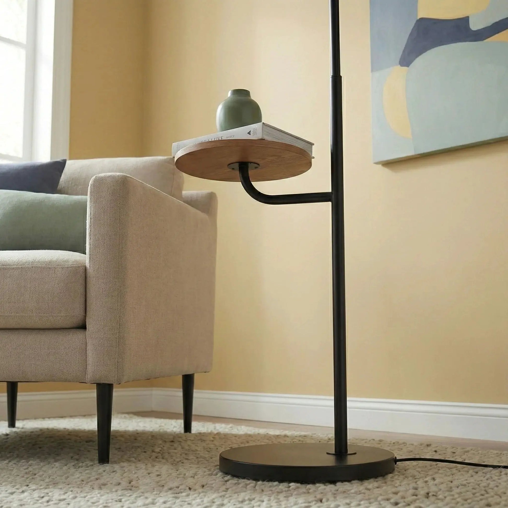 Seoul floor lamp with rotary switch, black metal stem and round wood base for living room on Tampa Home & Garden Store