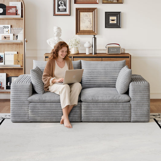 71in cloud sofa in grey corduroy fabric with ribbed, oversized cushions on Tampa Home & Garden Store