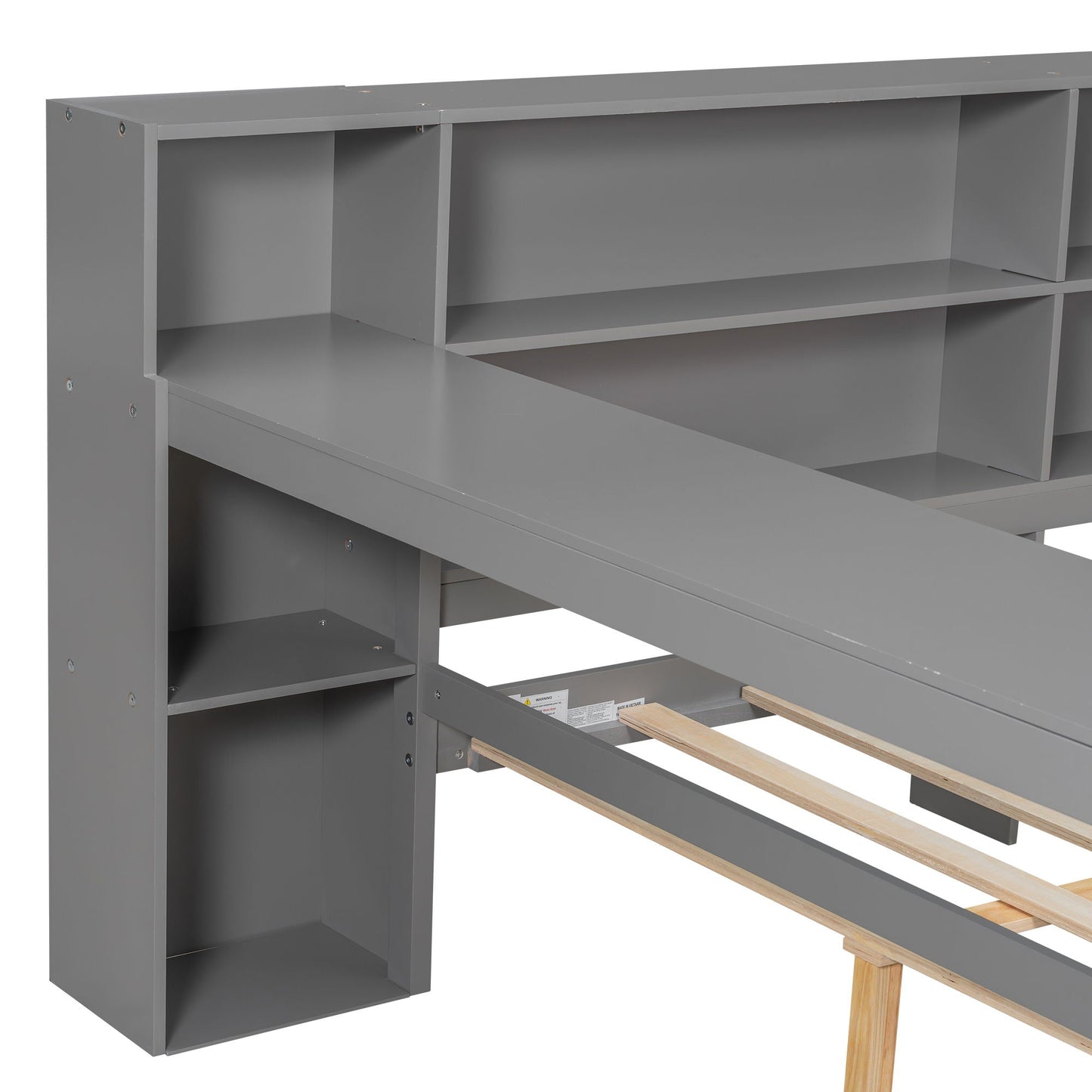Platform bed frame in gray finish with built-in storage shelves and open slat support on Tampa Home & Garden Store