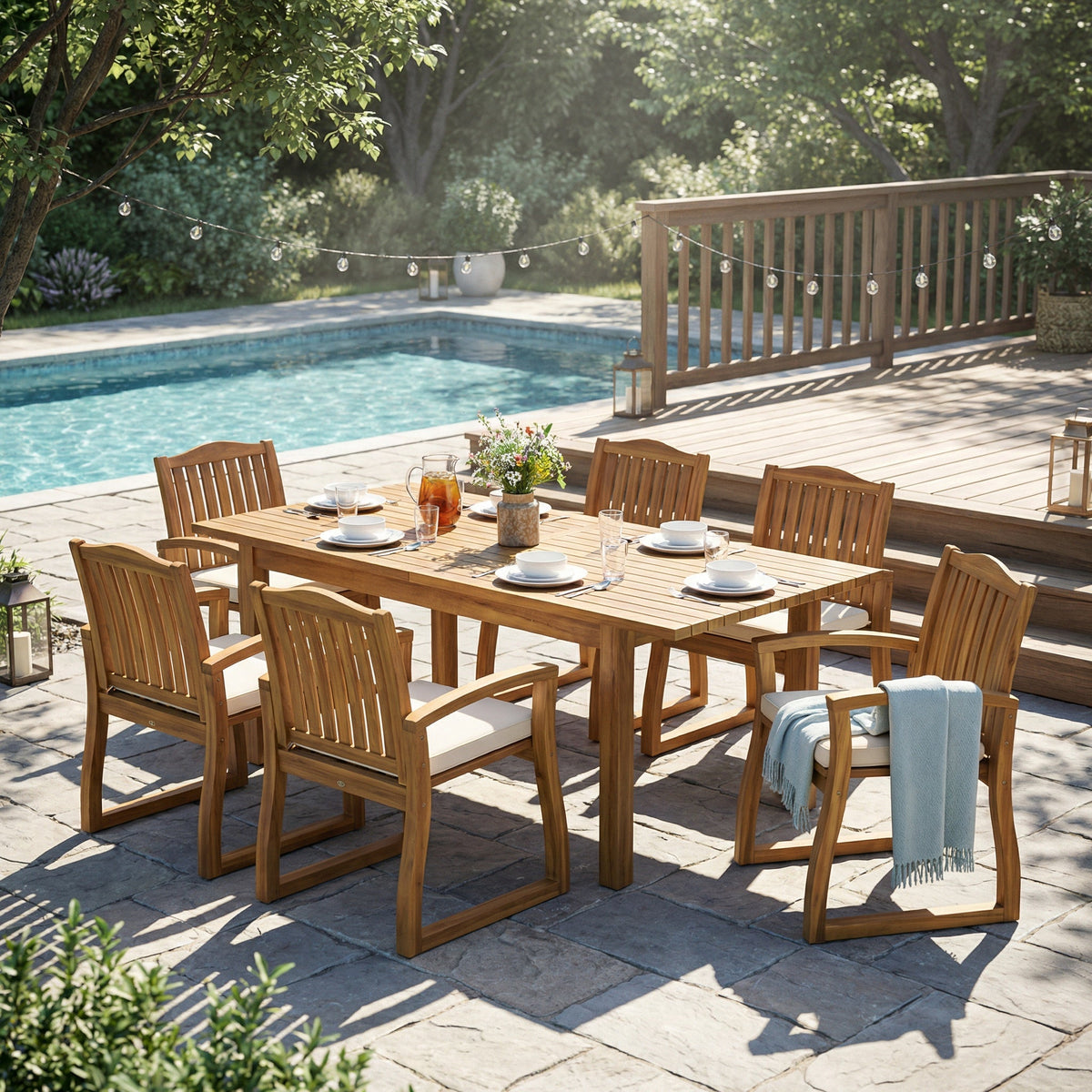 7-Piece Acacia Wood Outdoor Dining Set with Cream Cushions on a poolside deck with string lights on Tampa Home & Garden Store