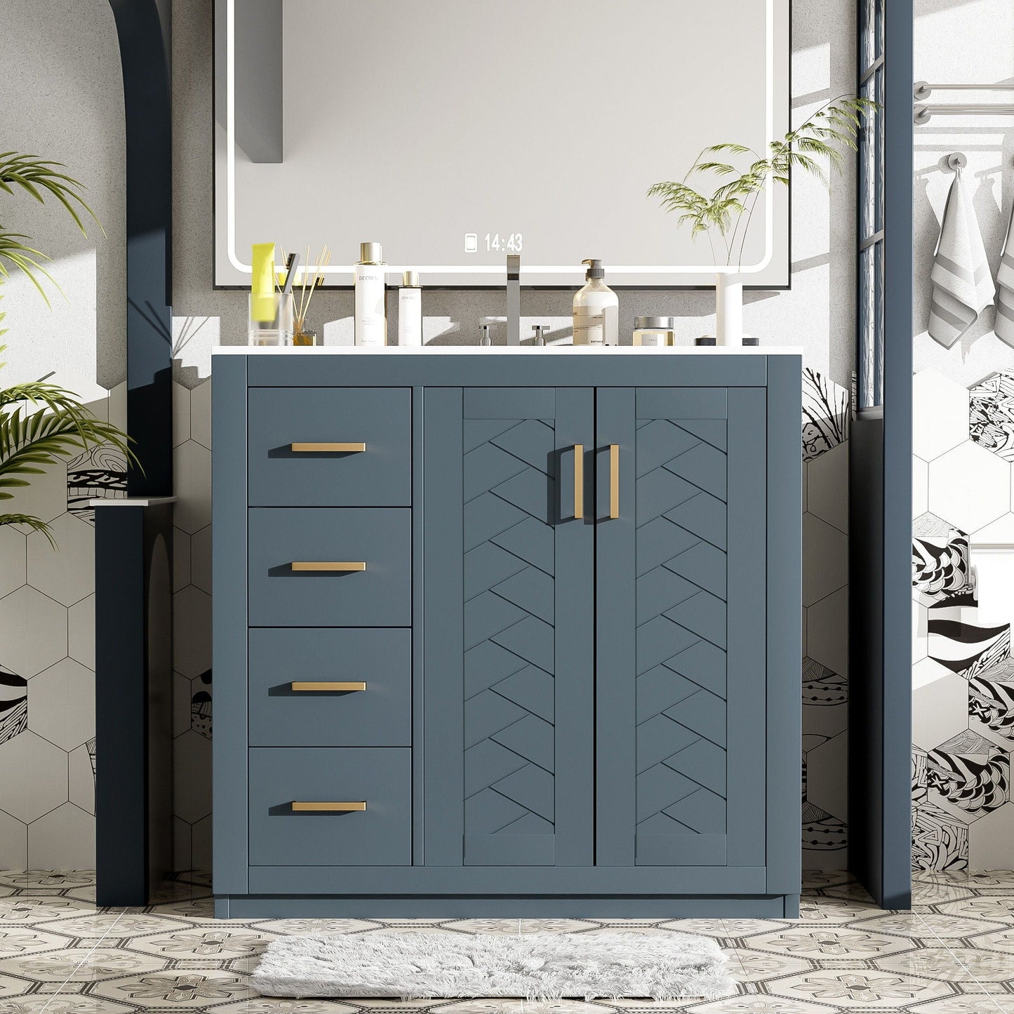 Bathroom vanity with sink by HouseOfZazla, blue-gray cabinet with 3 drawers and softclose doors on Tampa Home & Garden Store