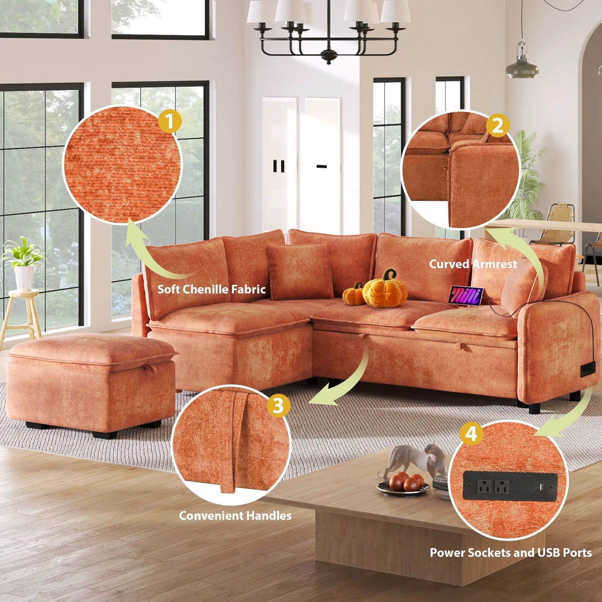 Convertible sofa bed sectional with storage ottoman; 2 power sockets and 2 USB ports on Tampa Home & Garden Store