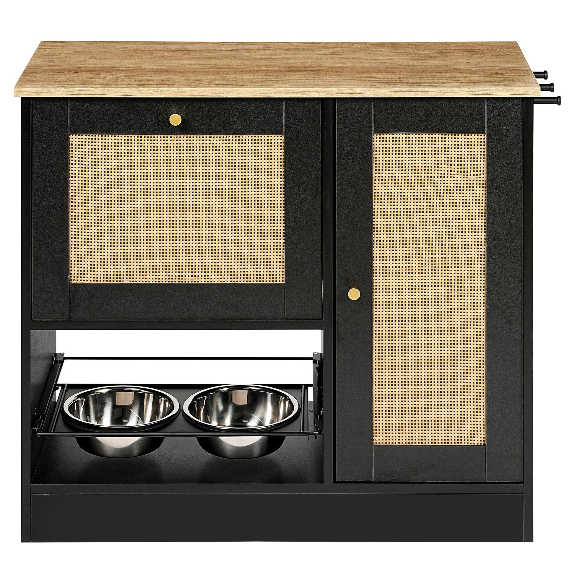 Feeding Station with 2 Lockers and Elevated Bowls Black, black pet furniture with wood top on Tampa Home & Garden Store