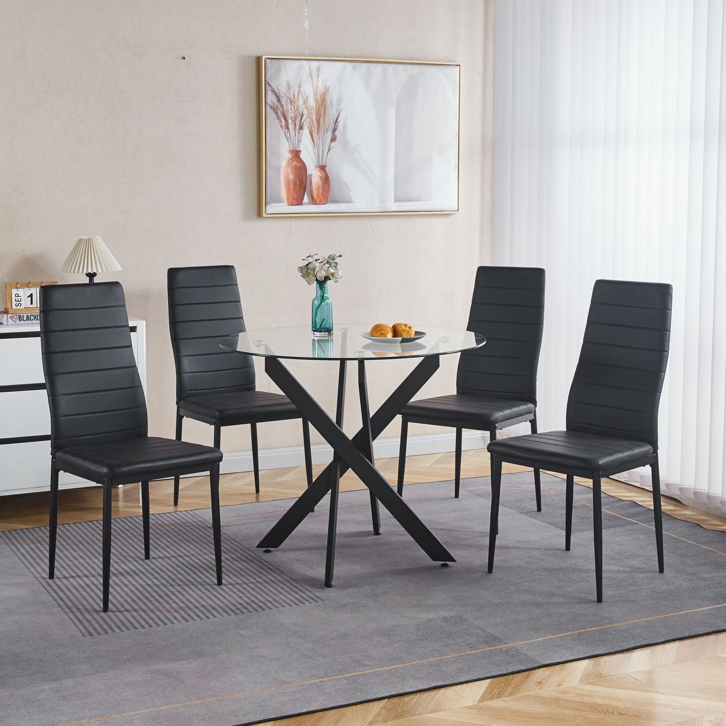 Modern Glass Dining Table with Metal Cross Legs