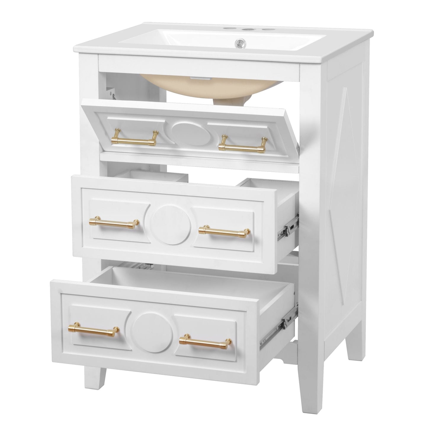 White bathroom vanity with sink, freestanding 3-drawer cabinet, gold hardware, HouseOfZazla on Tampa Home & Garden Store