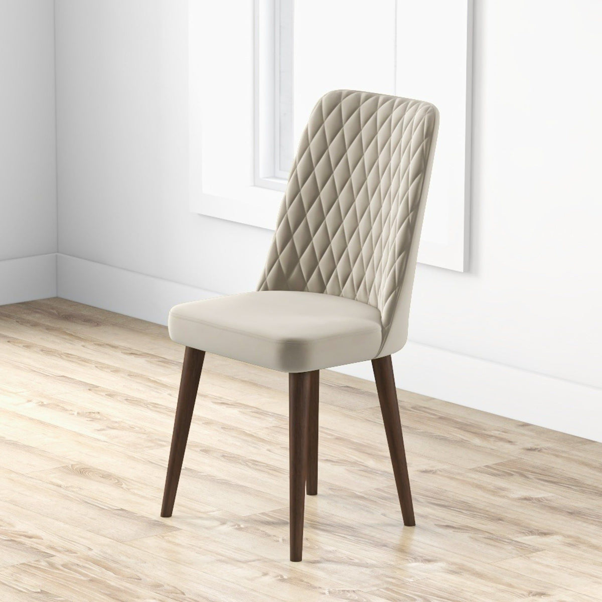 Mid-century dining chair set of 2 beige upholstered seats with diamond backs and dark legs on Tampa Home & Garden Store