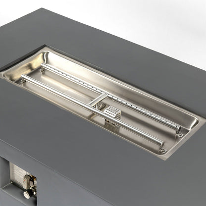 Rectangular light gray fire pit table with stainless steel burner tubes and 50,000 BTU output on Tampa Home & Garden Store