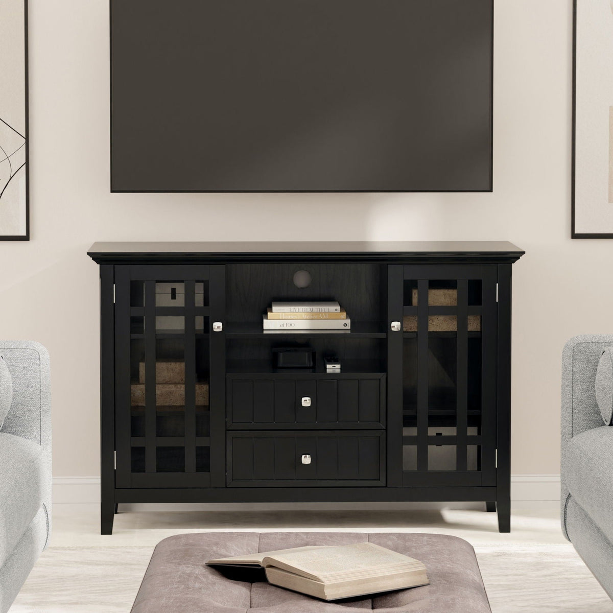 Handcrafted tall TV media stand in black solid wood with lattice side panels on Tampa Home & Garden Store