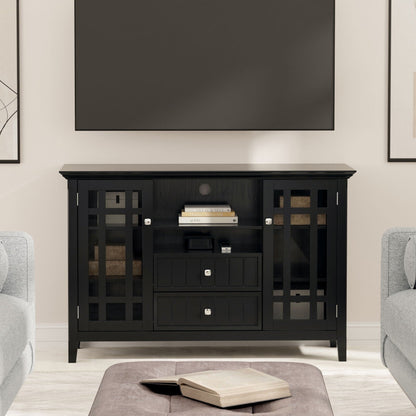 Handcrafted tall TV media stand in black solid wood with lattice side panels on Tampa Home & Garden Store