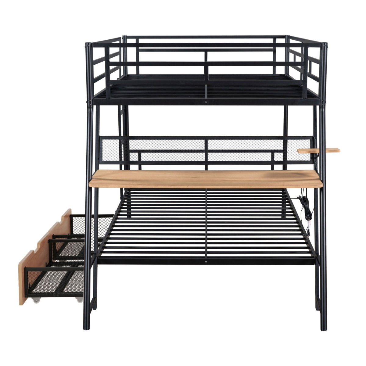 Full-size bunk bed with built-in desk, black metal frame and natural wood desk on Tampa Home & Garden Store