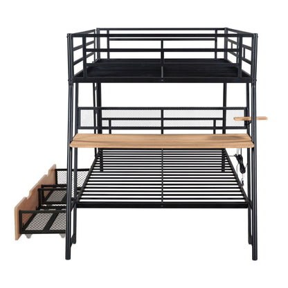 Full-size bunk bed with built-in desk, black metal frame and natural wood desk on Tampa Home & Garden Store
