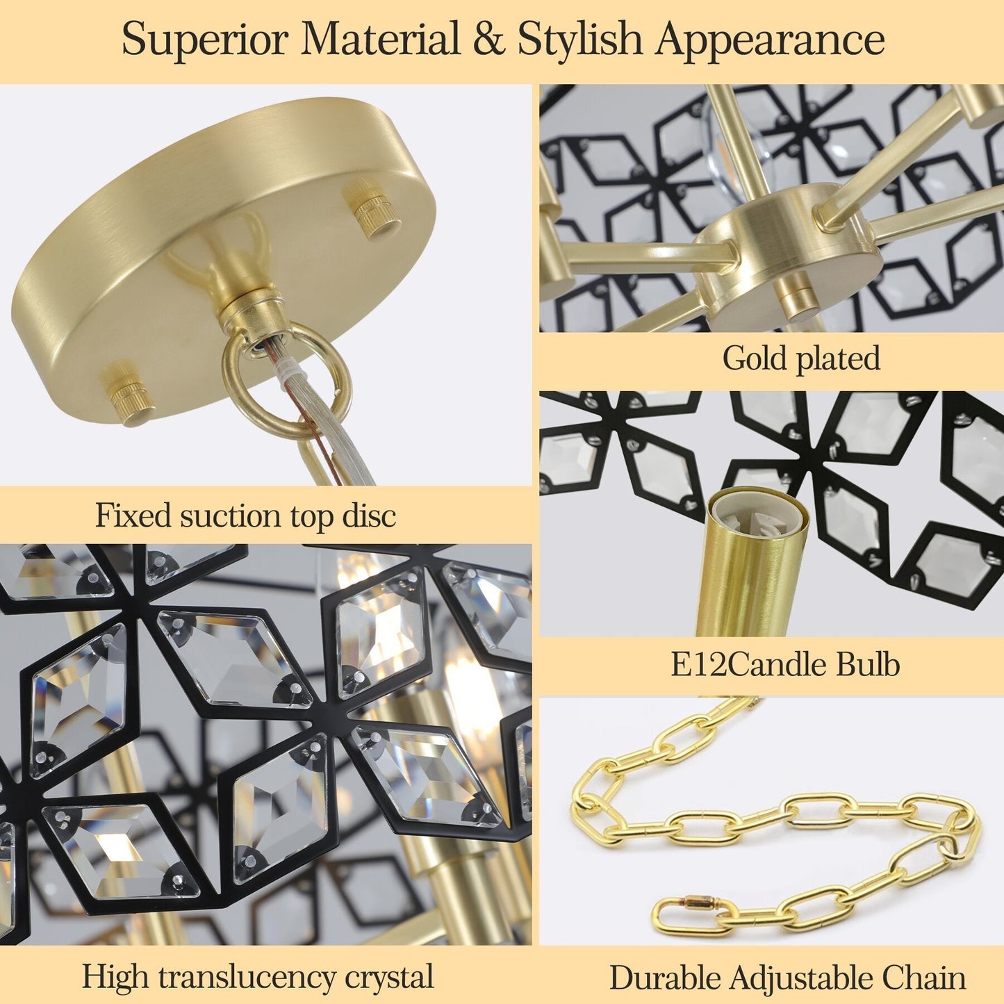 19-inch Geometric Crystal Black Gold Pendant Chandelier with gold plated arms and chain on Tampa Home & Garden Store