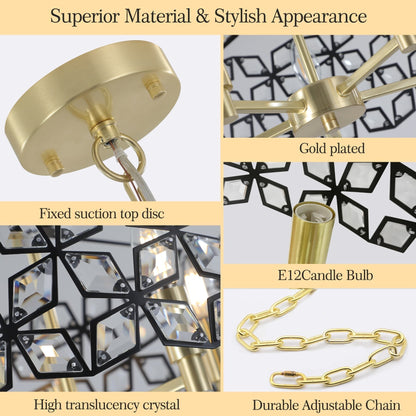 19-inch Geometric Crystal Black Gold Pendant Chandelier with gold plated arms and chain on Tampa Home & Garden Store