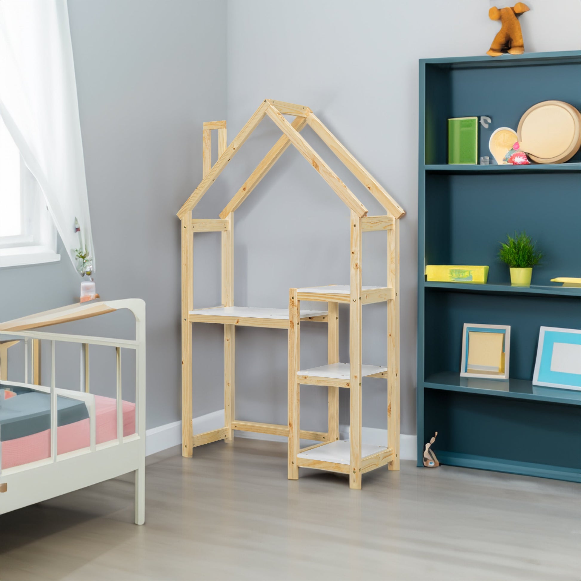 House-shaped Wooden writing Desk Kids study Table Bookshelf & Toy Storage Natural - Tampa Home & Garden Store