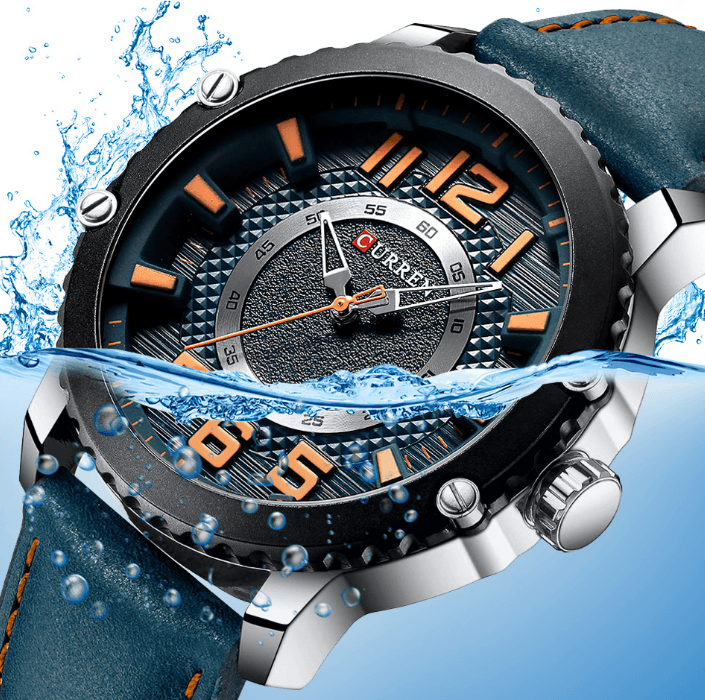 Men's waterproof sport watch with blue leather strap and large orange numerals Stevvex on Tampa Home & Garden Store