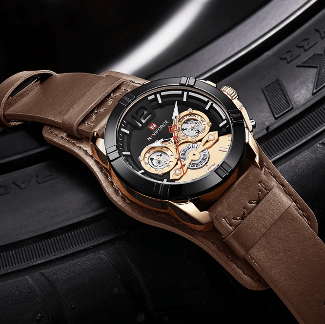 Stevvex men's leather waterproof watch with chronometers and luminous hands, brown strap on Tampa Home & Garden Store