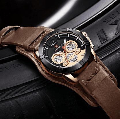 Stevvex men's leather waterproof watch with chronometers and luminous hands, brown strap on Tampa Home & Garden Store