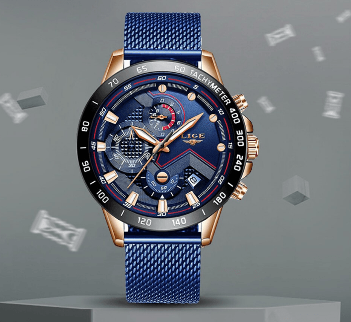 Men's sports waterproof watch Stevvex with blue dial, rose-gold case, blue mesh bracelet on Tampa Home & Garden Store