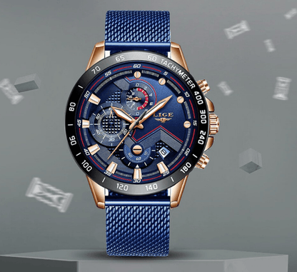 Men's sports waterproof watch Stevvex with blue dial, rose-gold case, blue mesh bracelet on Tampa Home & Garden Store