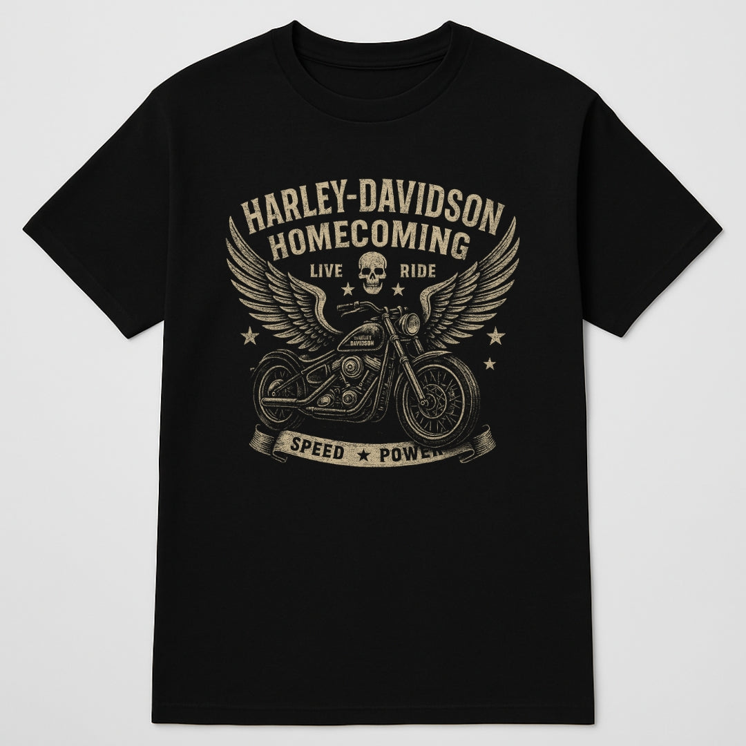 Harley-Davidson Homecoming T-shirt black motorcycle wings skull graphic by BikerZoneZ on Tampa Home & Garden Store