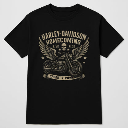 Harley-Davidson Homecoming T-shirt black motorcycle wings skull graphic by BikerZoneZ on Tampa Home & Garden Store