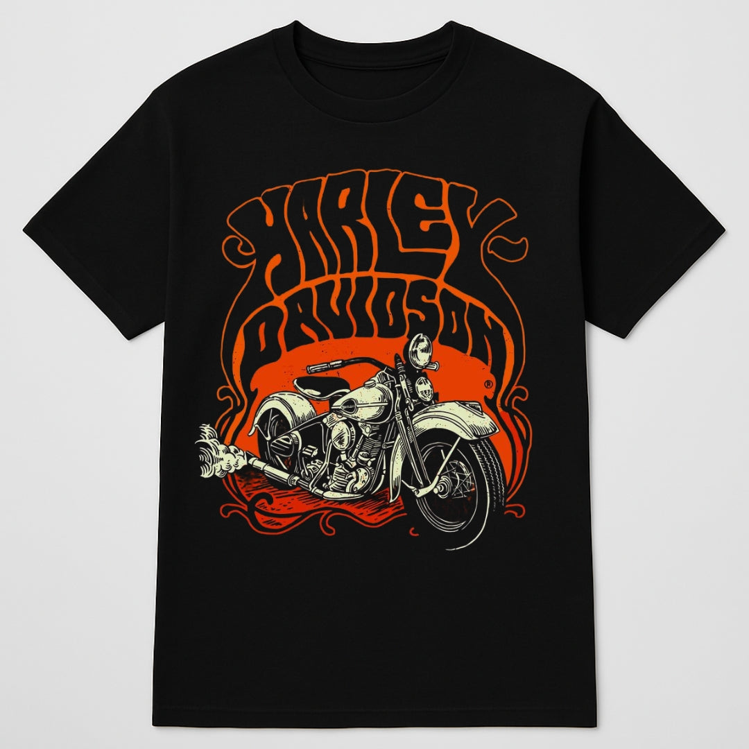 Biker Designed T-shirt black tee with Harley Davidson orange motorcycle graphic on Tampa Home & Garden Store